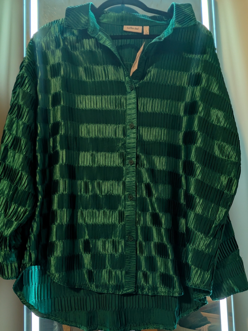 Allison Joy Emerald Green Textured Pleated Button-Down Shirt